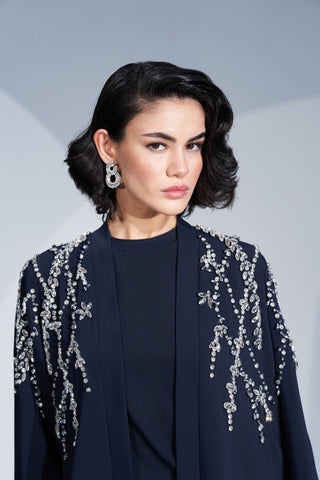 Kol Ucunda ve Yan Omuzdan Taş İşleme Detaylı Abaya - lacivert