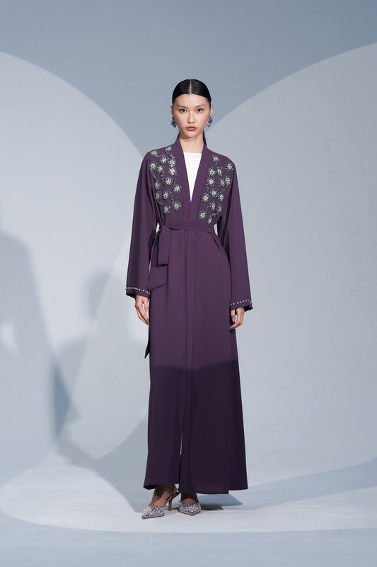 Omuzdan Aşağı El İşleme Detaylı Pervazlı Abaya - mor