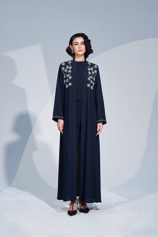 Omuzdan Aşağı El İşleme Detaylı Pervazlı Abaya - Lacivert