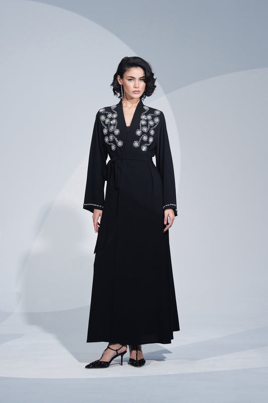 Omuzdan Aşağı El İşleme Detaylı Pervazlı Abaya - siyah