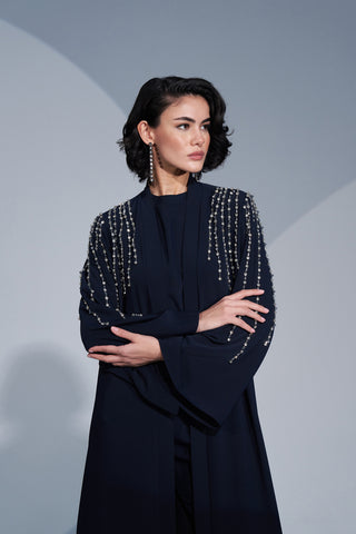 Önü Patlı Kolları ve Omuzları El İşi Taş Detaylı Abaya - lacivert