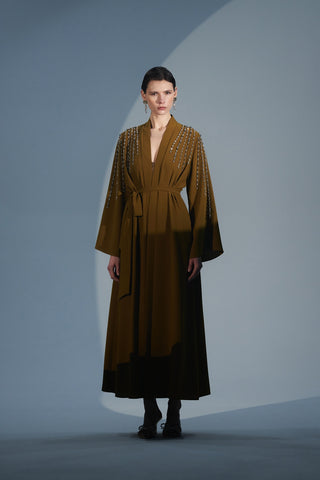 Önü Patlı Kolları ve Omuzları El İşi Taş Detaylı Abaya - hardal