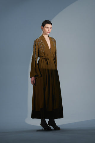 Önü Patlı Kolları ve Omuzları El İşi Taş Detaylı Abaya - hardal