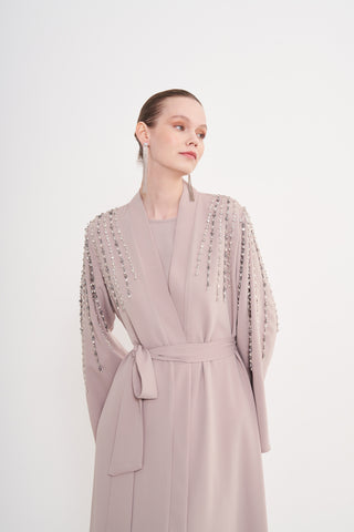 Önü Patlı Kolları ve Omuzları El işi Taş Detaylı Abaya - Bej 