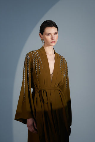 Önü Patlı Kolları ve Omuzları El İşi Taş Detaylı Abaya - hardal