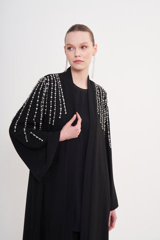 Önü Patlı Kolları ve Omuzları El işi Taş Detaylı Abaya - Siyah