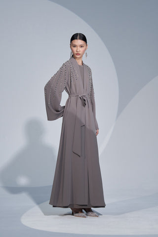 Önü Patlı Kolları ve Omuzları El İşi Taş Detaylı Abaya - vizon