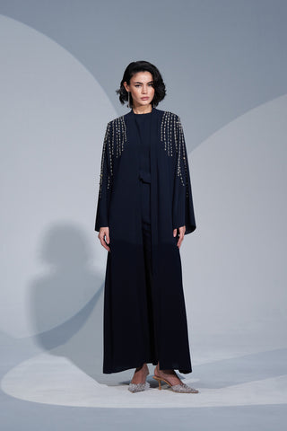 Önü Patlı Kolları ve Omuzları El İşi Taş Detaylı Abaya - lacivert