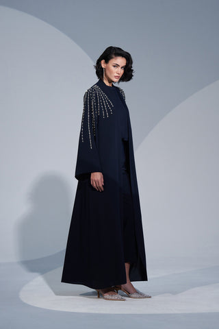 Önü Patlı Kolları ve Omuzları El İşi Taş Detaylı Abaya - lacivert