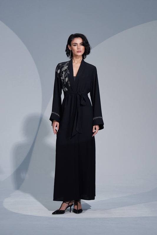 Kol Uçları ve Önde Taş İşleme Detaylı Geniş Kol Abaya - siyah