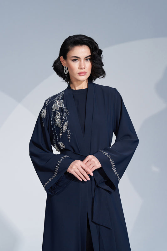 Kol Uçları ve Önde Taş İşleme Detaylı Geniş Kol Abaya - lacivert
