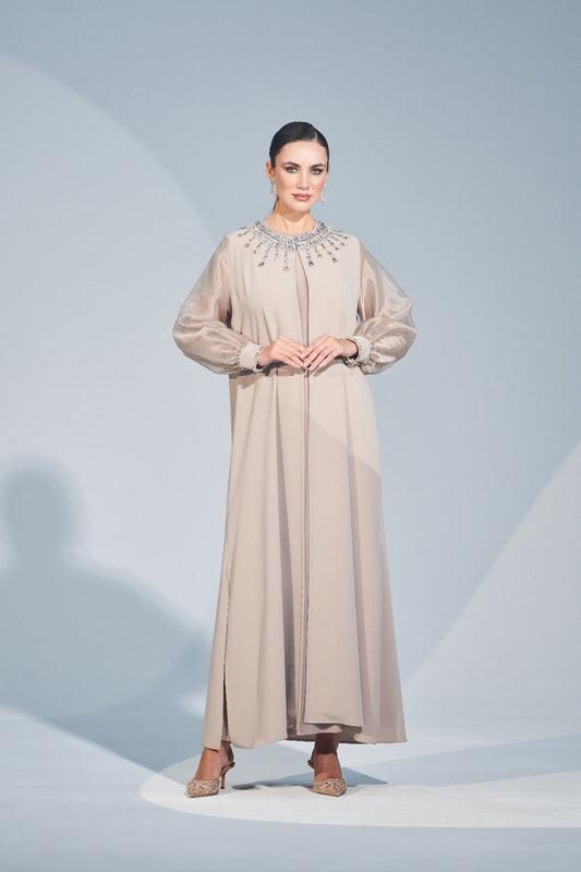 Kol Uçları ve Yaka El İşi Taş İşleme Detaylı Abaya - bej