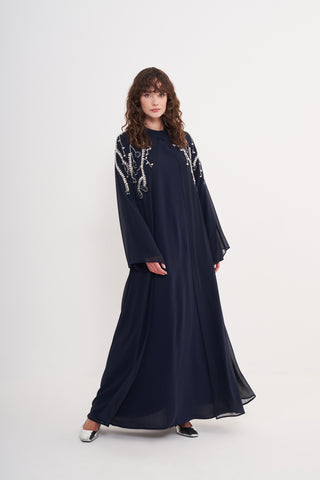 El İşlemeli Taş Detaylı Abaya - lacivert