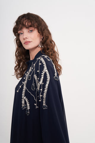 El İşlemeli Taş Detaylı Abaya - lacivert
