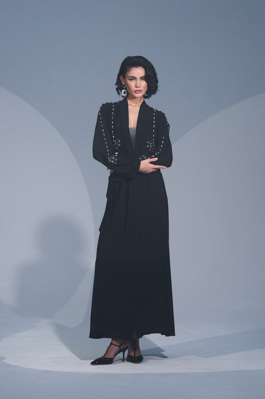 Kol ve Ön Arka El İşi Boncuk İşlemeli Abaya - siyah