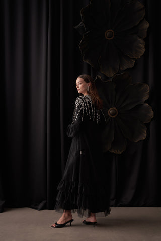 Taş Baskılı Eteği Fırfır Detaylı Tül Abaya - siyah