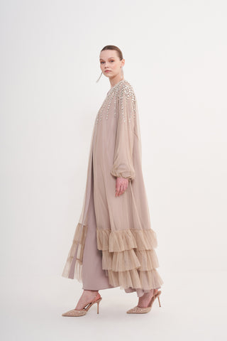 Taş Baskılı Eteği Fırfır Detaylı Tül Abaya - bej