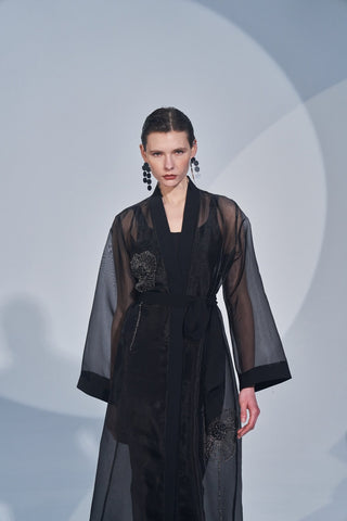 Çiçek Nakış Desen Detaylı Organze Abaya - siyah