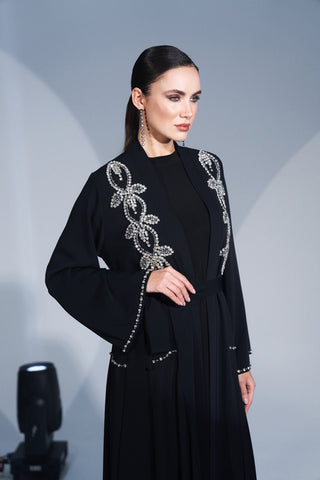 Omuz Boncuk İşleme Detaylı Etek Yanları Şifonlu Abaya - siyah