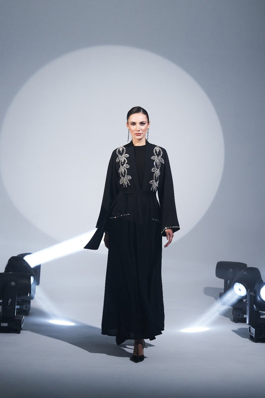 Omuz Boncuk İşleme Detaylı Etek Yanları Şifonlu Abaya - siyah