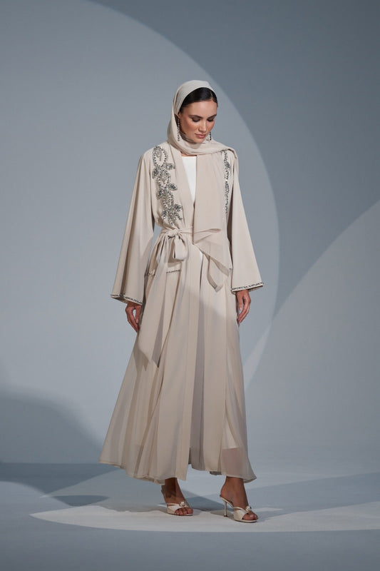 Omuz Boncuk İşleme Detaylı Etek Yanları Şifonlu Abaya - bej