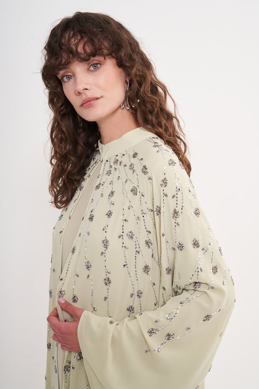 Taş Baskılı Gümüş Boncuk Detaylı Abaya - Mimoza