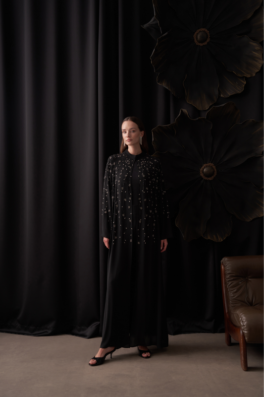 Taş Baskılı Gümüş Boncuk Detaylı Abaya - Siyah