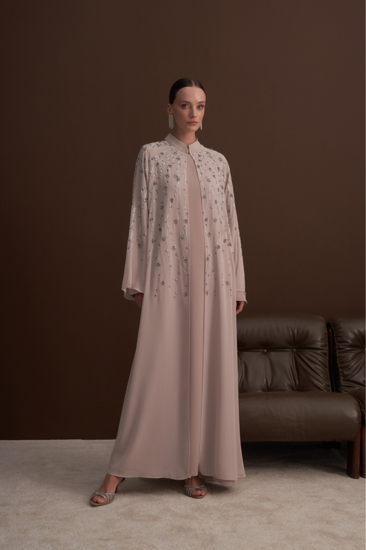 Taş Baskılı Gümüş Boncuk Detaylı Abaya - Bej