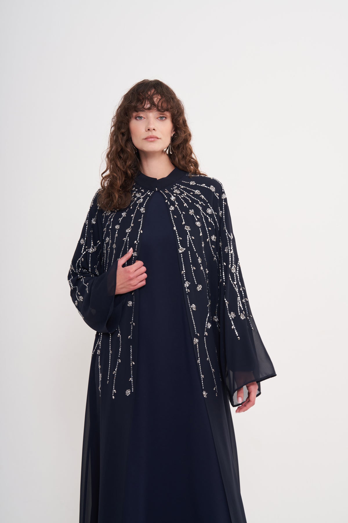 Taş Baskılı Gümüş Boncuk Detaylı Abaya - Lacivert