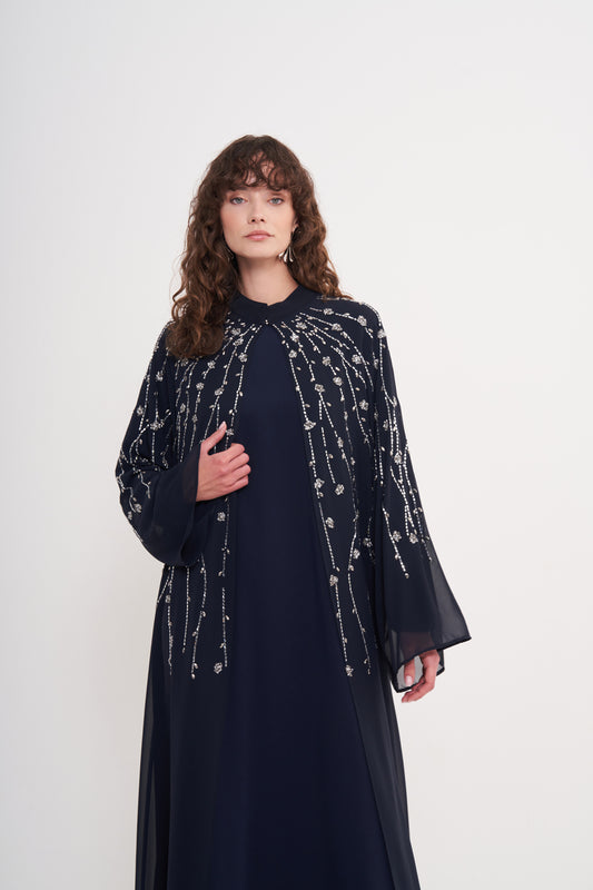 Taş Baskılı Gümüş Boncuk Detaylı Abaya - Lacivert