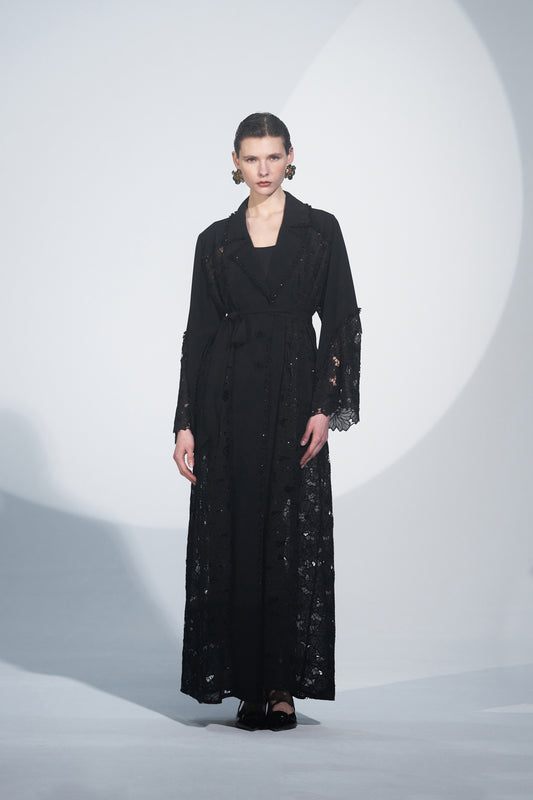 Ön Yaka El İşleme Detaylı Dantel Ceket Yaka Abaya