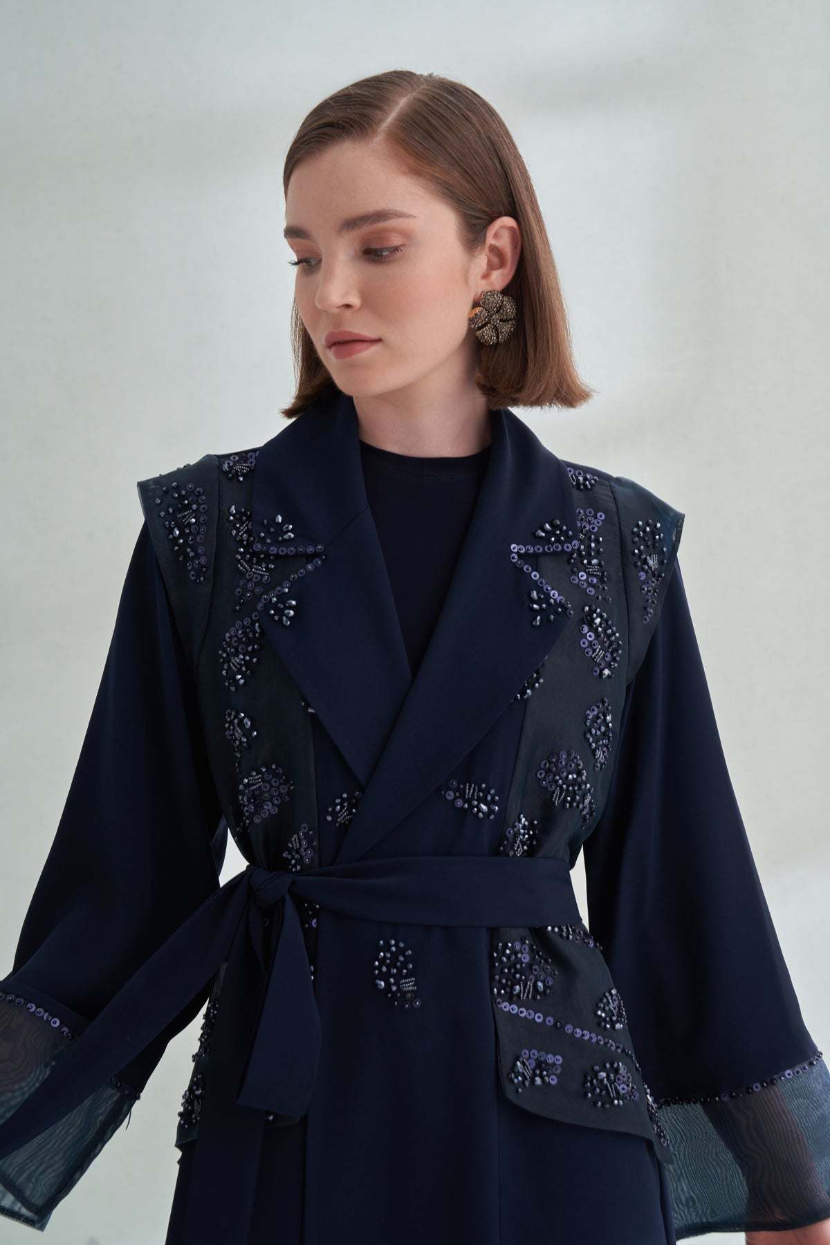 Boncuk İşleme Detaylı Organze Ceket Yaka Abaya - lacivert