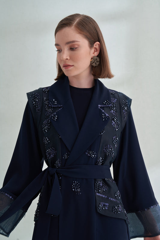 Boncuk İşleme Detaylı Organze Ceket Yaka Abaya - lacivert