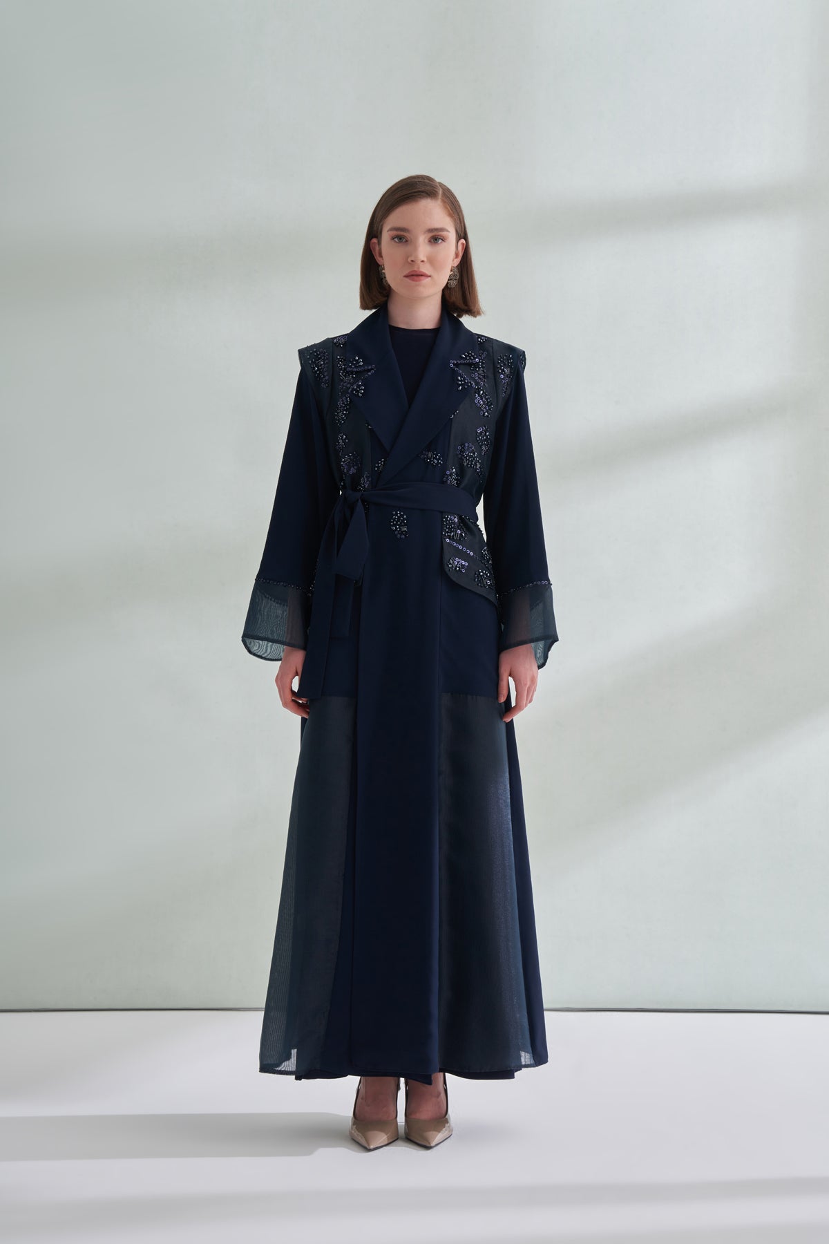 Boncuk İşleme Detaylı Organze Ceket Yaka Abaya - lacivert