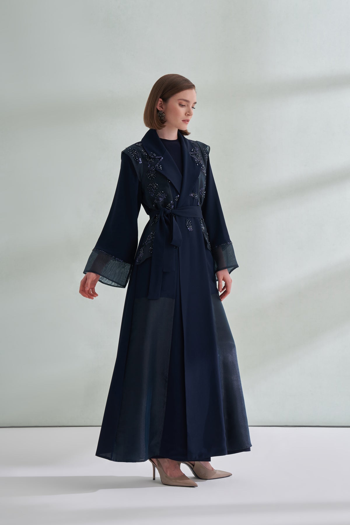 Boncuk İşleme Detaylı Organze Ceket Yaka Abaya - lacivert