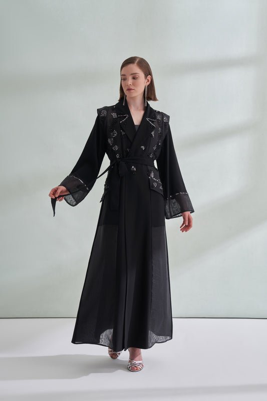 Boncuk İşleme Detaylı Organze Ceket Yaka Abaya - siyah