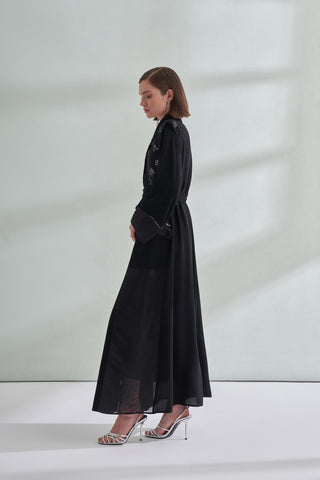Boncuk İşleme Detaylı Organze Ceket Yaka Abaya - siyah