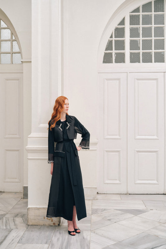 Yaka ve Kol Uçları Taş İşleme Detaylı Ceket Yaka Abaya - siyah