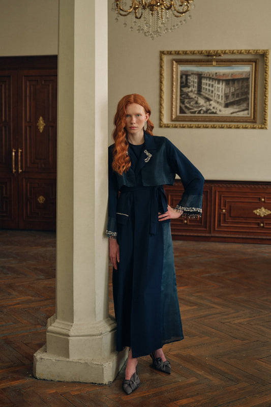 Yaka ve Kol Uçları Taş İşleme Detaylı Ceket Yaka Abaya - lacivert