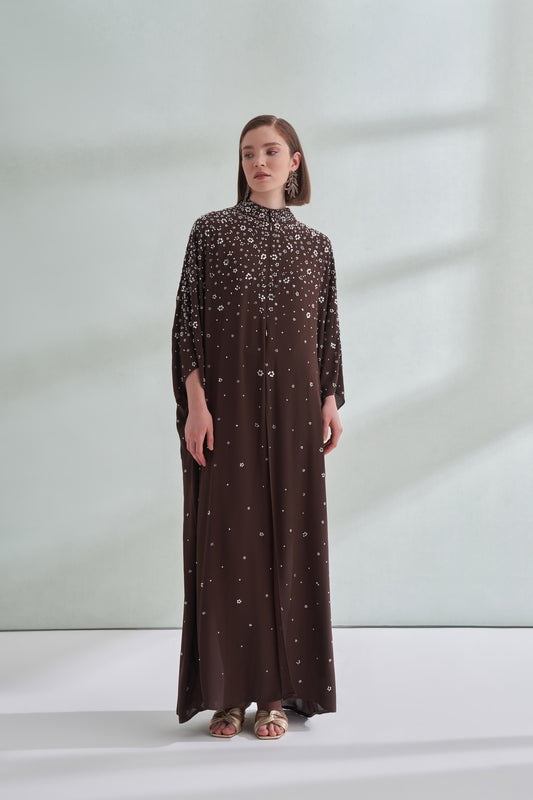 Çiçek Boncuk Taş Baskılı Femuar Detaylı Abaya - kahve