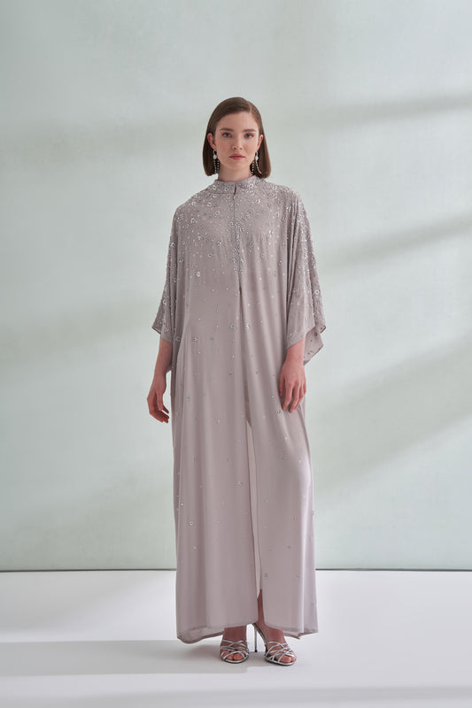 Çiçek Boncuk Taş Baskılı Femuar Detaylı Abaya - taş