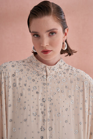 Çiçek Boncuk Taş Baskılı Femuar Detaylı Abaya - açık bej