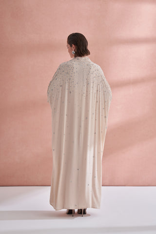 Çiçek Boncuk Taş Baskılı Femuar Detaylı Abaya - açık bej