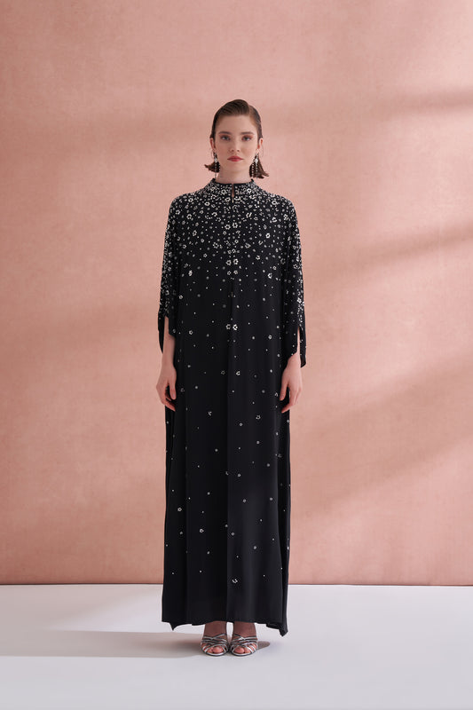 Çiçek Boncuk Taş Baskılı Femuar Detaylı Abaya - siyah