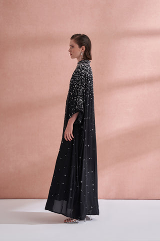 Çiçek Boncuk Taş Baskılı Femuar Detaylı Abaya - siyah