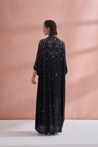 Çiçek Boncuk Taş Baskılı Femuar Detaylı Abaya - siyah