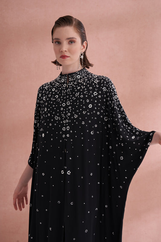 Çiçek Boncuk Taş Baskılı Femuar Detaylı Abaya - siyah