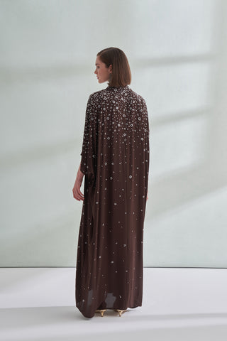 Çiçek Boncuk Taş Baskılı Femuar Detaylı Abaya - kahve