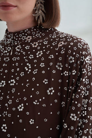 Çiçek Boncuk Taş Baskılı Femuar Detaylı Abaya - kahve