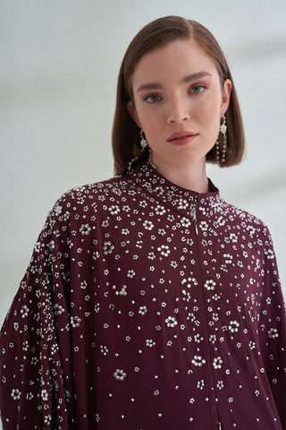 Çiçek Boncuk Taş Baskılı Femuar Detaylı Abaya - mürdüm